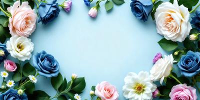 The primary subject of the image is a bouquet of flowers, which are arranged in a visually appealing manner. The flowers are placed on a blue surface, which adds a vibrant and calming touch to the scene. The visual style of the image is a combination of photo and digital art, creating a realistic yet artistic representation of the flowers. The colors and mood of the image are predominantly blue and pink, giving the scene a serene and soothing atmosphere.