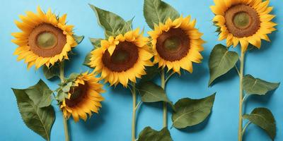 The primary subject of the image is a group of sunflowers, with each flower featuring a different stage of growth. The setting is a blue background, which provides a contrasting and vibrant backdrop for the sunflowers. The visual style is a close-up of the flowers, showcasing their details and textures. The colors and mood of the image are predominantly yellow, which is the color of the sunflowers, and the overall atmosphere is bright, cheerful, and lively.