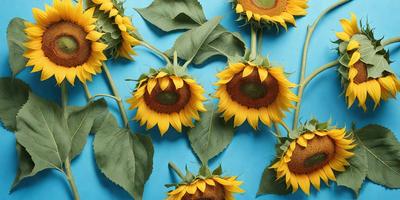 The primary subject of the image is a group of sunflowers, which are yellow and orange in color. They are arranged in a visually appealing manner, with some of them placed on a blue surface. The sunflowers are the main focus of the image, and their vibrant colors create a lively and cheerful atmosphere.