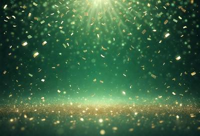 The primary subject of the image is a green background with gold glittering particles floating in the air. The setting appears to be a dark room with a greenish hue. The visual style is a combination of a photo and digital art, creating a unique and eye-catching effect. The colors and mood of the image are predominantly green and gold, giving it a warm and inviting atmosphere.
