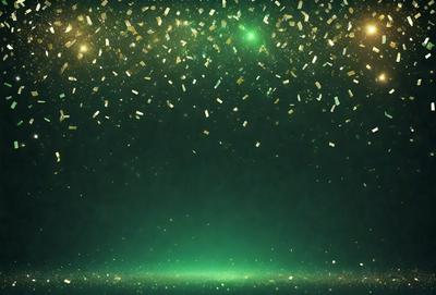 The primary subject of the image is a green background with a pattern of gold confetti. The setting is a dark room, and the visual style appears to be a digital art or illustration. The dominant colors are green and gold, creating a warm and festive atmosphere.