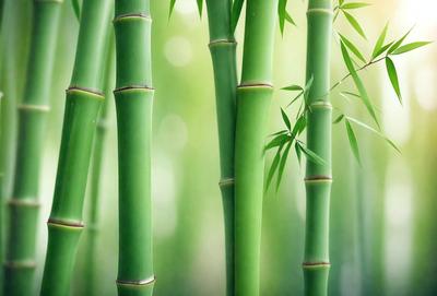The primary subject of the image is a close-up of a group of bamboo stalks. The setting is a lush green environment, with the bamboo stalks being the main focus of the scene. The visual style is a photo, capturing the natural beauty of the bamboo stalks. The colors and mood of the image are predominantly green, creating a serene and peaceful atmosphere.