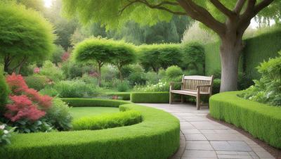 The primary subject of the image is a wooden bench situated in a garden setting. The bench is surrounded by a variety of plants, including trees and bushes, creating a serene and peaceful atmosphere. The garden is well-maintained, with a path leading to the bench. The visual style of the image is a photo, capturing the natural beauty of the garden and the bench. The colors and mood of the image are predominantly green, with the plants and grass creating a calming and relaxing