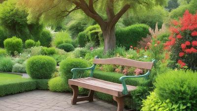 The primary subject of the image is a wooden bench situated in a garden setting. The bench is surrounded by a variety of plants, including bushes and trees, creating a serene and peaceful atmosphere. The visual style of the image is a photo, capturing the natural beauty of the garden and the bench. The colors and mood of the image are predominantly green, reflecting the lush and vibrant environment of the garden.