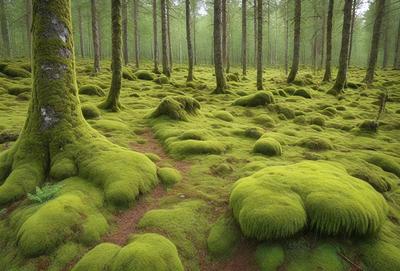 The primary subject of the image is a lush green forest filled with trees and moss. The setting is a forest with a dirt path running through it. The visual style is a photo of the forest, capturing the vibrant greenery and the dirt path. The colors and mood of the image are predominantly green, creating a serene and natural atmosphere.