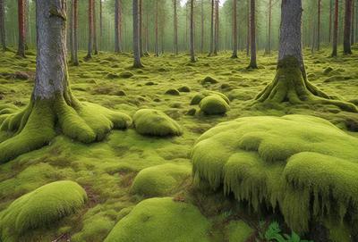 The primary subject of the image is a forest filled with moss-covered trees. The setting is a lush green forest with a variety of trees and moss. The visual style is a photo of the forest, capturing the vibrant greenery and the mossy trees. The colors and mood of the image are predominantly green, creating a serene and natural atmosphere.