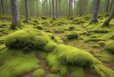 The primary subject of the image is a lush green moss-covered forest. The setting is a forest with trees and a variety of mosses growing on the trees and the ground. The visual style is a photo of the forest, capturing the vibrant green moss and the surrounding trees. The colors and mood of the image are predominantly green, creating a serene and natural atmosphere.