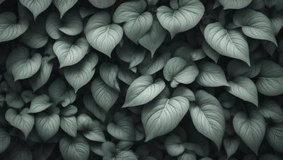 The primary subject of the image is a large group of green leaves, which are the main objects in the scene. The leaves are arranged in a dense, leafy pattern, creating a visually striking and lush environment. The setting appears to be a dark, possibly indoor space, with the leaves as the main focus. The visual style of the image is a close-up of the leaves, emphasizing their intricate details and textures. The dominant colors in the image are green, which is the color of the leaves, and black