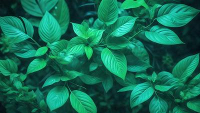 The image features a lush green forest with a variety of green leaves and plants. The primary subject is a close-up of a leafy plant, showcasing its vibrant green color. The setting is a forest environment, with the plants and leaves surrounding the main subject. The visual style is a natural, realistic representation of the forest. The colors and mood of the image are predominantly green, creating a serene and peaceful atmosphere.