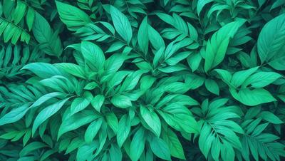 The image features a lush green forest filled with green leaves. The leaves are large and abundant, covering the entire scene. The forest appears to be a dense, thriving environment, with the leaves providing a sense of tranquility and natural beauty. The visual style of the image is a close-up of the leaves, showcasing their intricate details and textures. The colors and mood of the image are predominantly green, creating a serene and peaceful atmosphere.