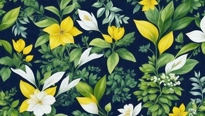 The primary subject of the image is a beautifully illustrated floral pattern featuring a variety of flowers and leaves. The setting is a blue background, which adds a sense of depth and contrast to the image. The visual style is a combination of digital art and illustration, creating a vibrant and detailed scene. The dominant colors in the image are green, white, and yellow, which evoke a sense of freshness and natural beauty. Overall, the image exudes a serene and calming atmosphere.