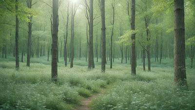 The primary subject of the image is a pathway surrounded by a lush green forest. The setting is a serene, natural environment with trees and grass. The visual style is a photo, capturing the beauty of the forest and the path. The colors and mood are predominantly green, with a sense of tranquility and harmony with nature.