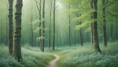 The primary subject of the image is a pathway through a forest. The setting is a lush green forest with many trees, creating a serene and natural atmosphere. The visual style is a combination of photo and digital art, giving the scene a realistic yet artistic appearance. The dominant colors are green, with the trees and grass, and blue, with the sky and water. The overall mood is one of tranquility and connection with nature.