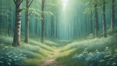 The primary subject of the image is a pathway through a forest. The setting is a lush green forest with trees and grass. The visual style is an illustration, creating a serene and peaceful atmosphere. The dominant colors are green and brown, reflecting the natural environment.