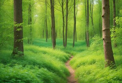 The primary subject of the image is a pathway through a lush green forest. The setting is a serene, natural environment with trees and grass surrounding the path. The visual style is a photo, capturing the beauty of the forest and the path. The colors and mood are predominantly green, with a sense of tranquility and harmony with nature.