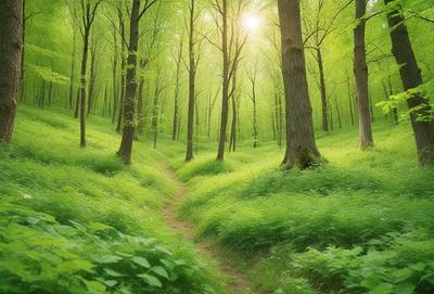 The primary subject of the image is a pathway through a lush green forest. The setting is a serene, natural environment with trees and grass surrounding the path. The visual style is a photo, capturing the beauty of the forest and the path. The colors and mood are predominantly green, with a sense of tranquility and harmony with nature.