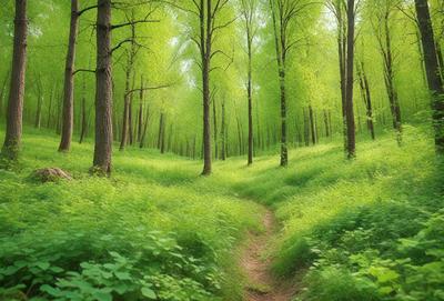 The primary subject of the image is a lush green forest filled with trees and grass. The setting is a serene, natural environment with a pathway leading through the trees. The visual style is a photo of the forest, capturing the beauty and tranquility of the scene. The colors and mood are predominantly green, with a sense of calmness and harmony with nature.
