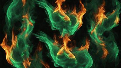 The primary subject of the image is a green flame, which is the main focus of the scene. The setting is a black background, which contrasts with the green flame. The visual style is a digital art or illustration, as the flame appears to be a digital creation. The colors and mood of the image are predominantly green, with a slightly eerie or mysterious atmosphere.
