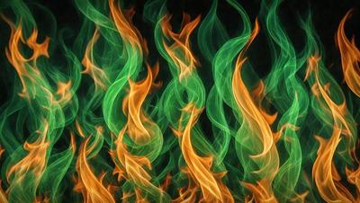 The primary subject of the image is a flame, which is the main object, scene, or focus of the image. The setting/background features a green and orange flame, which creates a vibrant and dynamic atmosphere. The visual style of the image is a combination of photo and digital art, as it captures the essence of a flame in a visually appealing manner. The colors and mood of the image are predominantly green and orange, which are associated with warmth, energy, and excitement.