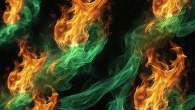 The primary subject of the image is a green and orange flame, which appears to be a digital art or illustration. The setting is a dark background, and the visual style gives the impression of a painting or a graphic design. The dominant colors in the image are green and orange, creating a vibrant and lively atmosphere.