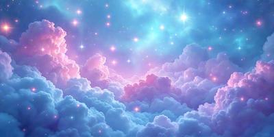 The primary subject of the image is a beautiful, colorful cloudy sky filled with stars. The setting is a nighttime scene with a backdrop of a dark, star-filled sky. The visual style is a digital art or illustration, creating a vibrant and lively atmosphere. The colors and mood are predominantly pink and purple, giving the scene a warm and inviting feel.