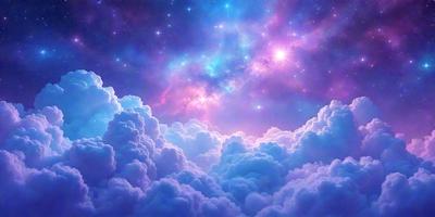 The primary subject of the image is a beautiful, colorful cloudy sky. The setting is a nighttime scene with a purple and blue hue, creating a serene and dreamy atmosphere. The visual style is a combination of photo and digital art, as it appears to be a photo of a painting or a digital illustration. The colors and mood of the image are predominantly purple and blue, giving it a calming and soothing effect.