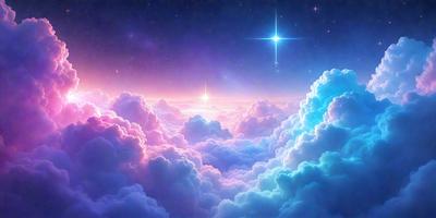 The primary subject of the image is a beautiful, colorful cloudy sky with a starry background. The setting is a nighttime scene, with the sky filled with clouds and stars. The visual style is a digital art or illustration, creating a vibrant and lively atmosphere. The dominant colors are blue, pink, and purple, giving the scene a serene and dreamy mood.