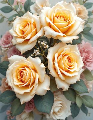 The primary subject of the image is a bouquet of white and yellow roses. The setting is a vase filled with water, and the visual style is a close-up of the flowers. The dominant colors are white and yellow, creating a warm and inviting atmosphere.
