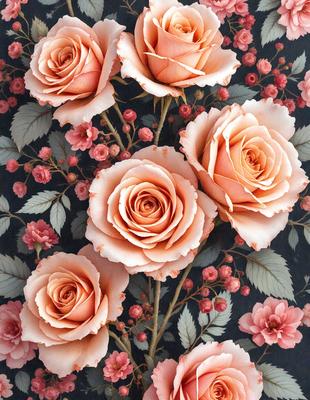 The primary subject of the image is a bouquet of pink and orange roses. The setting is a black and white background, which adds a classic and elegant touch to the scene. The visual style is a close-up of the roses, showcasing their details and beauty. The colors and mood of the image are predominantly pink and orange, creating a warm and inviting atmosphere.
