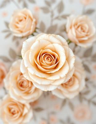 The primary subject of the image is a white rose with a brown center, surrounded by other white roses. The setting is a table with a floral patterned tablecloth, creating a pleasant and inviting atmosphere. The visual style is a close-up of the rose, emphasizing its details and beauty. The colors and mood of the image are predominantly white and soft, with the brown center of the rose adding a touch of warmth and contrast.