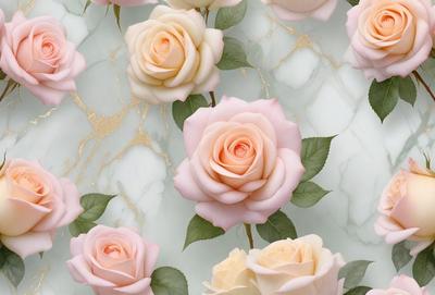The primary subject of the image is a group of pink and white roses. They are arranged in a visually appealing manner, with some of the roses being pink and others being white. The setting is a marble wall, which serves as a beautiful backdrop for the roses. The visual style of the image is a close-up of the roses, showcasing their delicate petals and intricate details. The colors and mood of the image are predominantly soft and elegant, with the p