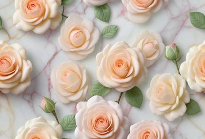 The primary subject of the image is a group of white roses. They are arranged in a pattern on a marble surface, which serves as the setting or background. The visual style of the image is a combination of photo and digital art, creating a realistic yet artistic representation of the roses. The colors and mood of the image are predominantly white, giving it a clean and elegant appearance.