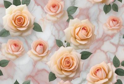 The primary subject of the image is a group of white roses. They are arranged in a pattern on a pink marble surface, creating a visually appealing and elegant display. The setting is a pink marble wall, which adds a touch of luxury and sophistication to the scene. The visual style of the image is a close-up of the roses, allowing the viewer to appreciate the details of the flowers and their arrangement. The colors and mood of the image are predominantly pink and