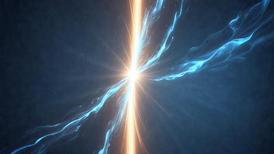 The primary subject of the image is a bright, colorful light source, possibly a sun or a light bulb, with a blue hue. The light source is surrounded by a blue background, which adds to the overall atmosphere of the image. The visual style of the image is a combination of photo and digital art, creating a unique and eye-catching scene. The colors and mood of the image are vibrant and energetic, with the blue light source standing out against the darker blue background.