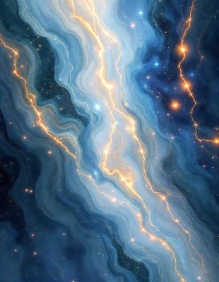 The primary subject of the image is a blue and yellow nebula, which is a swirling mass of gas and dust in space. The setting is a dark, starry sky, with the nebula being the main focus of the image. The visual style is a combination of digital art and illustration, creating a vibrant and dynamic scene. The dominant colors are blue and yellow, giving the image a sense of depth and energy.