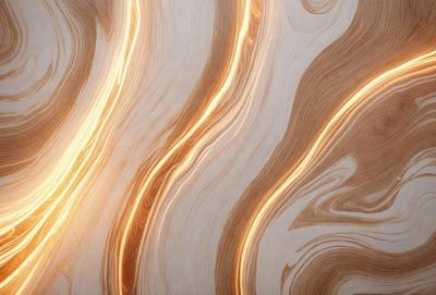 The primary subject of the image is a wooden wall with a unique and intricate pattern. The setting is a room with a wooden floor, and the visual style appears to be a combination of a photo and a digital art or illustration. The dominant colors in the image are orange and brown, creating a warm and inviting atmosphere.
