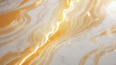 The primary subject of the image is a marble countertop with a gold-colored pattern. The setting is a kitchen, and the visual style is a photo. The countertop has a shiny, golden appearance, and the colors and mood suggest a luxurious and elegant atmosphere.