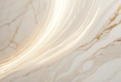 The primary subject of the image is a marble countertop with a gold-like pattern. The setting is a kitchen, and the visual style is a photo. The countertop has a shiny, reflective surface, and the colors are predominantly white and gold. The overall atmosphere is elegant and sophisticated.