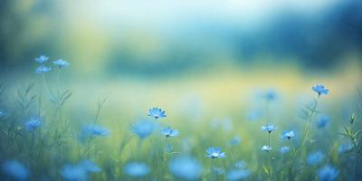 The primary subject of the image is a field of blue flowers, with a vibrant blue color that creates a serene and calming atmosphere. The setting is a lush green field, providing a natural and picturesque backdrop for the flowers. The visual style of the image is a close-up of the flowers, showcasing their beauty and details. The colors and mood of the image are predominantly blue, which adds to the overall tranquility and peacefulness of the scene.
