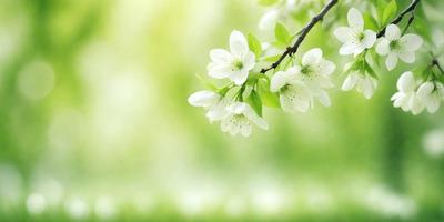The primary subject of the image is a tree with white flowers blooming on its branches. The setting is a lush green field, and the visual style is a photo. The dominant colors are white and green, creating a serene and peaceful atmosphere.