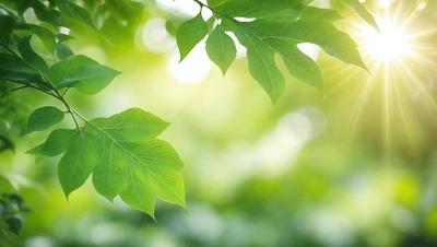 The primary subject of the image is a leaf, which is the main object, scene, or focus of the image. The leaf is green and is located in a setting with a background of a bright, sunny day. The visual style of the image is a photo, capturing the natural beauty of the leaf in its environment. The colors and mood of the image are vibrant and lively, with the green leaf standing out against the bright, sunny background.
