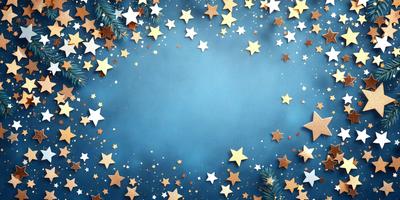 The primary subject of the image is a blue background with a pattern of stars. The setting is a night sky, and the visual style is a combination of digital art and illustration. The dominant colors are blue and gold, creating a serene and peaceful atmosphere.