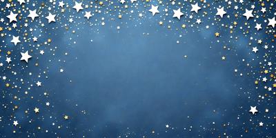 The primary subject of the image is a blue background with a pattern of stars. The setting is a night sky, and the visual style is a combination of digital art and illustration. The dominant colors are blue and gold, creating a serene and peaceful atmosphere.