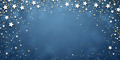 The primary subject of the image is a blue background with a pattern of stars. The setting is a night sky, and the visual style appears to be a combination of a photo and digital art. The dominant colors are blue and gold, creating a serene and peaceful atmosphere.