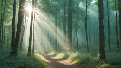 The primary subject of the image is a pathway in a forest, surrounded by trees. The setting is a lush green forest, with the sun shining through the trees, creating a serene and peaceful atmosphere. The visual style is a photo, capturing the natural beauty of the forest and the sunlight filtering through the trees. The colors and mood are predominantly green, with the sunlight adding a warm and inviting touch to the scene.
