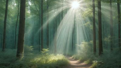 The primary subject of the image is a pathway in a forest, surrounded by trees and sunlight. The setting is a lush green forest, with the sunlight shining through the trees, creating a serene and peaceful atmosphere. The visual style is a photo, capturing the natural beauty of the forest and the pathway. The colors and mood are predominantly green, with the sunlight adding a warm and inviting touch to the scene.