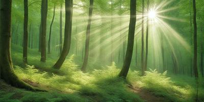 Primary subject: A forest with green trees and sunlight shining through.

Setting/background: The forest is filled with green trees, and the sunlight is shining through the trees, creating a bright and lively atmosphere.

Visual style: The image is a photo of a forest with green trees and sunlight.

Colors and mood: The dominant colors are green from the trees and sunlight, creating a bright and lively mood.