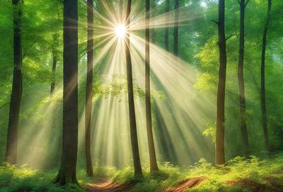 The primary subject of the image is a sunlight shining through the trees in a forest. The setting is a lush green forest with many trees, creating a serene and natural atmosphere. The visual style is a photo, capturing the beauty of the sunlight and the surrounding environment. The colors and mood are predominantly green, with the sunlight creating a warm and inviting ambiance.