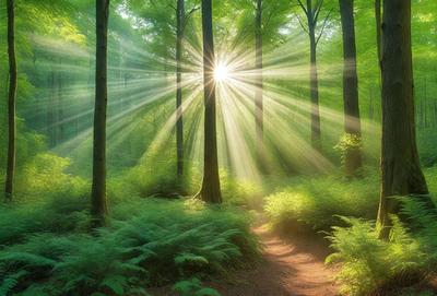 The primary subject of the image is a forest path surrounded by lush green trees. The setting is a serene, natural environment with sunlight streaming through the trees, creating a bright and inviting atmosphere. The visual style is a photo, capturing the beauty of the forest and the sunlight filtering through the trees. The colors and mood are predominantly green, with the sunlight adding a warm and inviting touch to the scene.