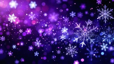 The primary subject of the image is a purple background with a large number of snowflakes floating in the air. The snowflakes are white and are scattered throughout the scene, creating a visually appealing and festive atmosphere. The setting appears to be a nighttime sky, adding to the overall mood of the image. The visual style of the image is a combination of photo and digital art, creating a unique and eye-catching display. The colors and mood of the image are predominantly purple and